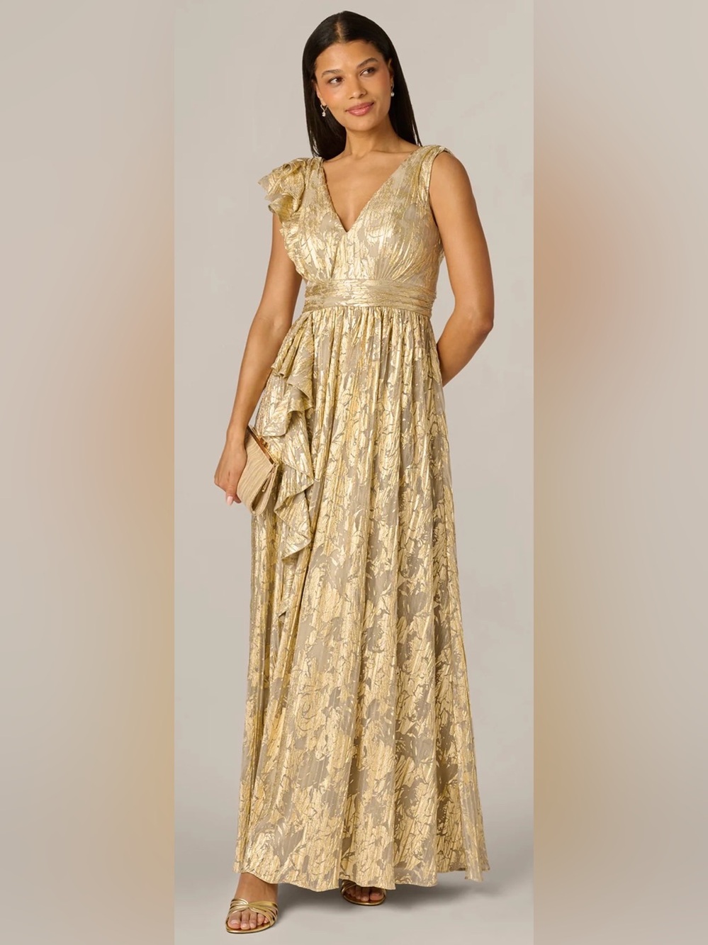 ADRIANNA PAPELL Sleeveless Metallic Crinkle Ruffle Gown In Champagne Gold NEW 10